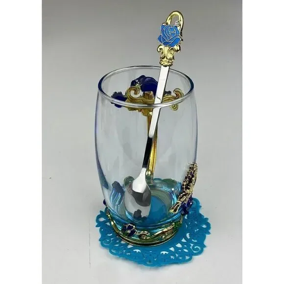 ARC of France Glass Tea Cup w/ Enamel Rose Flower Butterfly, Spoon & Doily BB144 - Picture 3 of 10